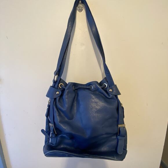 Garnett Hill Blue Leather Tote Purse Italy Made Zip Front Shoulder Strap Medium - Picture 8 of 11